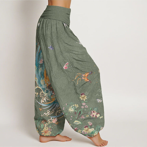 Buddha Stones Casual Colorful Phoenix Butterfly Floral Pattern Women's Elastic Waist Harem Pants