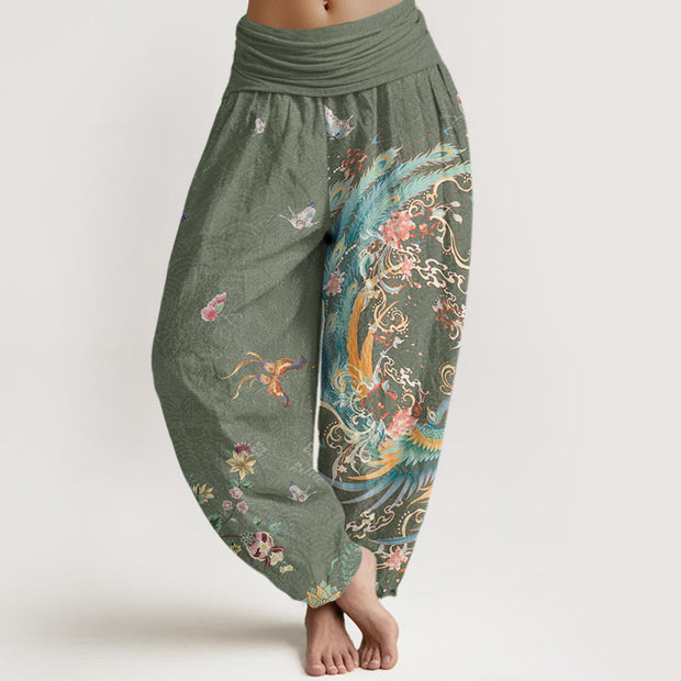 Buddha Stones Casual Colorful Phoenix Butterfly Floral Pattern Women's Elastic Waist Harem Pants