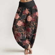 Buddha Stones Casual Lush Peony Flowers Leaf Pattern Women's Elastic Waist Harem Pants