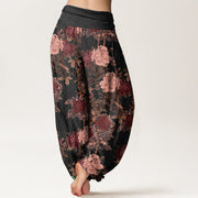 Buddha Stones Casual Lush Peony Flowers Leaf Pattern Women's Elastic Waist Harem Pants