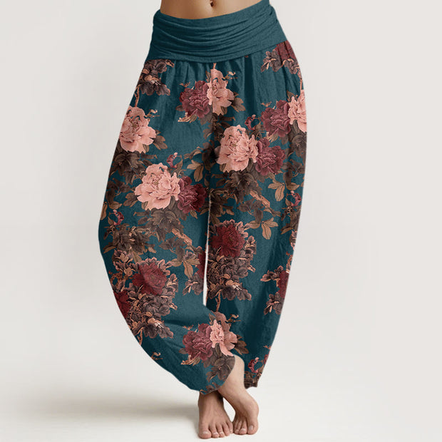 Buddha Stones Casual Lush Peony Flowers Leaf Pattern Women's Elastic Waist Harem Pants