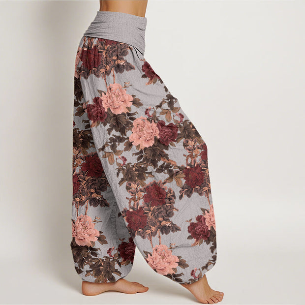 Buddha Stones Casual Lush Peony Flowers Leaf Pattern Women's Elastic Waist Harem Pants