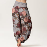 Buddha Stones Casual Lush Peony Flowers Leaf Pattern Women's Elastic Waist Harem Pants