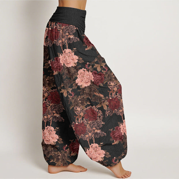 Buddha Stones Casual Lush Peony Flowers Leaf Pattern Women's Elastic Waist Harem Pants