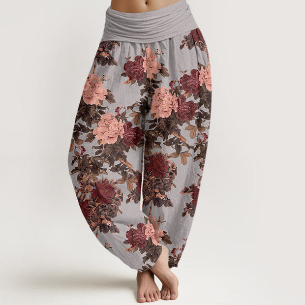 Buddha Stones Casual Lush Peony Flowers Leaf Pattern Women's Elastic Waist Harem Pants