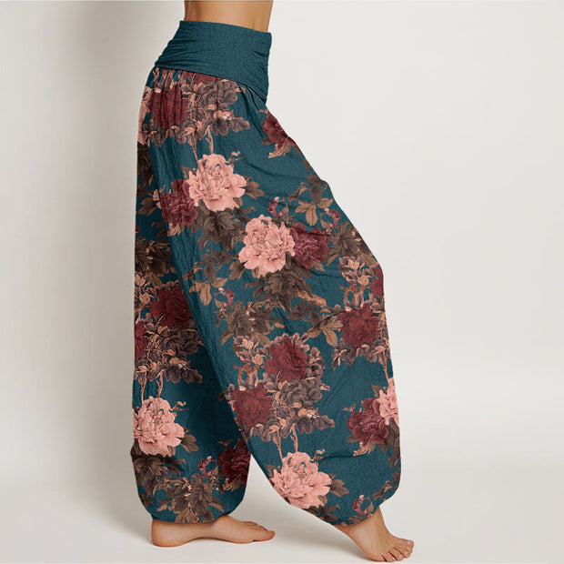 Buddha Stones Casual Lush Peony Flowers Leaf Pattern Women's Elastic Waist Harem Pants