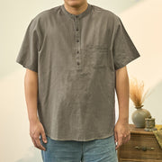 Buddha Stones Men's Summer Solid Color Short Sleeve Half Button Cotton Linen Shirt