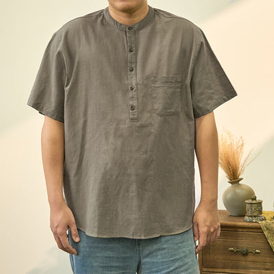 Buddha Stones Men's Summer Solid Color Short Sleeve Half Button Cotton Linen Shirt