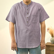 Buddha Stones Men's Summer Solid Color Short Sleeve Half Button Cotton Linen Shirt