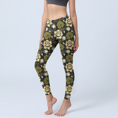 Buddha Stones Yellow Flowers Green Leaves Print Gym Fitness Leggings Women's Yoga Pants