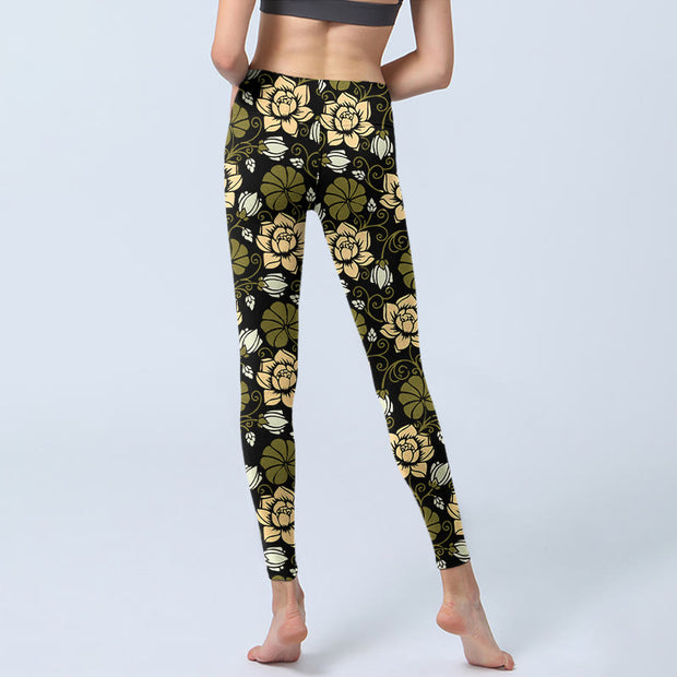 Buddha Stones Yellow Flowers Green Leaves Print Gym Fitness Leggings Women's Yoga Pants