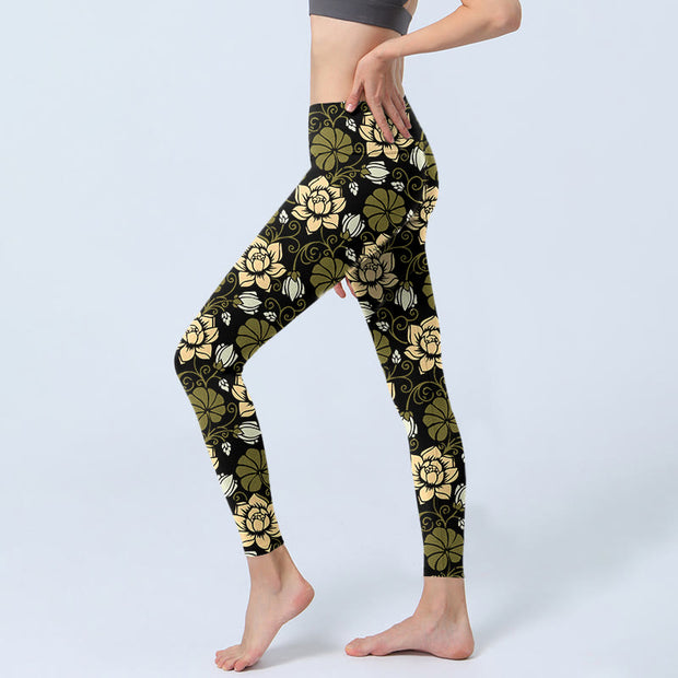 Buddha Stones Yellow Flowers Green Leaves Print Gym Fitness Leggings Women's Yoga Pants