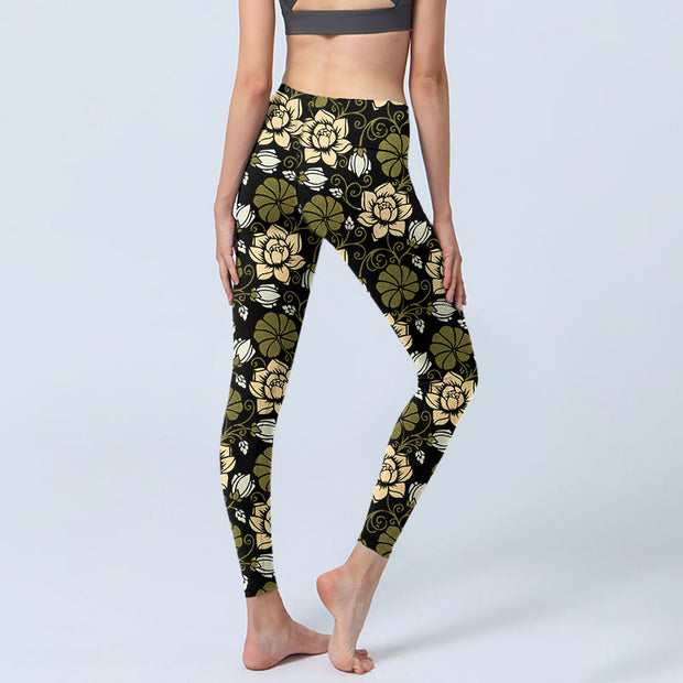 Buddha Stones Yellow Flowers Green Leaves Print Gym Fitness Leggings Women's Yoga Pants