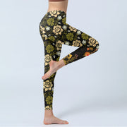 Buddha Stones Yellow Flowers Green Leaves Print Gym Fitness Leggings Women's Yoga Pants