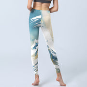 Buddha Stones Blue White Beige Wave Graffiti Print Sports Fitness Leggings Women's Yoga Pants