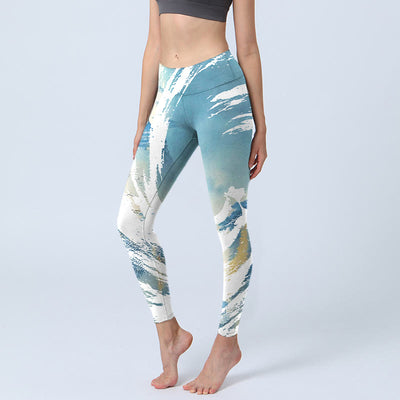 Buddha Stones Blue White Beige Wave Graffiti Print Sports Fitness Leggings Women's Yoga Pants