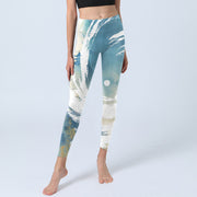 Buddha Stones Blue White Beige Wave Graffiti Print Sports Fitness Leggings Women's Yoga Pants