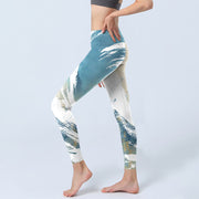 Buddha Stones Blue White Beige Wave Graffiti Print Sports Fitness Leggings Women's Yoga Pants