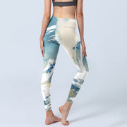 Buddha Stones Blue White Beige Wave Graffiti Print Sports Fitness Leggings Women's Yoga Pants