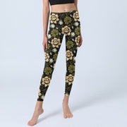 Buddha Stones Yellow Flowers Green Leaves Print Gym Fitness Leggings Women's Yoga Pants