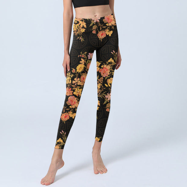 Buddha Stones Yellow Pink Flowers Green Leaves Print Gym Fitness Leggings Women's Yoga Pants