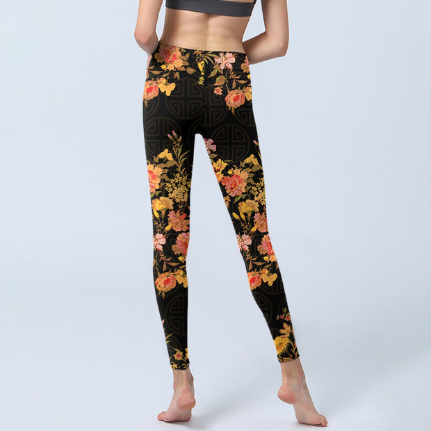 Buddha Stones Yellow Pink Flowers Green Leaves Print Gym Fitness Leggings Women's Yoga Pants - image 7