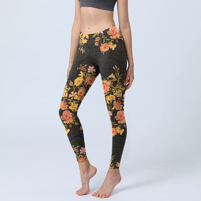 Buddha Stones Yellow Pink Flowers Green Leaves Print Gym Fitness Leggings Women's Yoga Pants