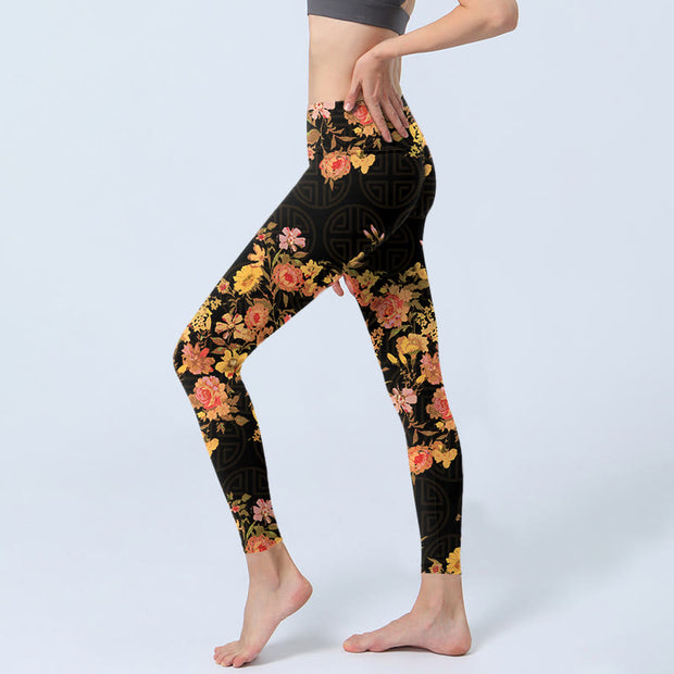 Buddha Stones Yellow Pink Flowers Green Leaves Print Gym Fitness Leggings Women's Yoga Pants