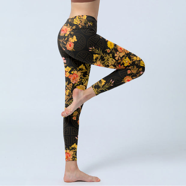 Buddha Stones Yellow Pink Flowers Green Leaves Print Gym Fitness Leggings Women's Yoga Pants - image 4