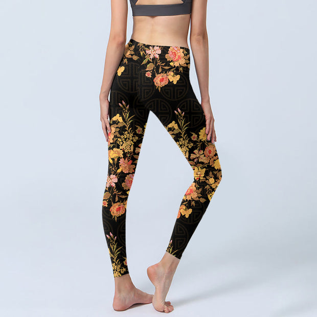 Buddha Stones Yellow Pink Flowers Green Leaves Print Gym Fitness Leggings Women's Yoga Pants - image 5
