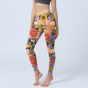 Buddha Stones Sunflowers Pink Purple Flowers Print Sports Fitness Leggings Women's Yoga Pants