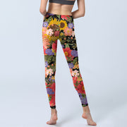 Buddha Stones Sunflowers Pink Purple Flowers Print Sports Fitness Leggings Women's Yoga Pants