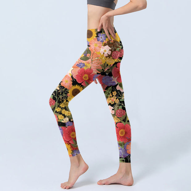 Buddha Stones Sunflowers Pink Purple Flowers Print Sports Fitness Leggings Women's Yoga Pants