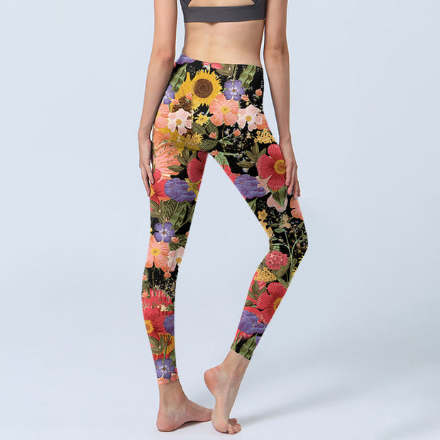 Buddha Stones Sunflowers Pink Purple Flowers Print Sports Fitness Leggings Women's Yoga Pants