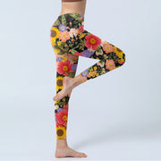 Buddha Stones Sunflowers Pink Purple Flowers Print Sports Fitness Leggings Women's Yoga Pants