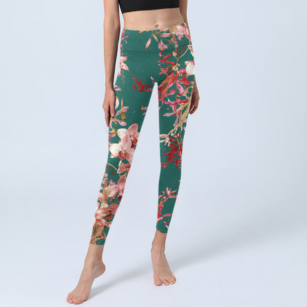 Buddha Stones Green Pink Flowers Print Gym Fitness Leggings Women's Yoga Pants