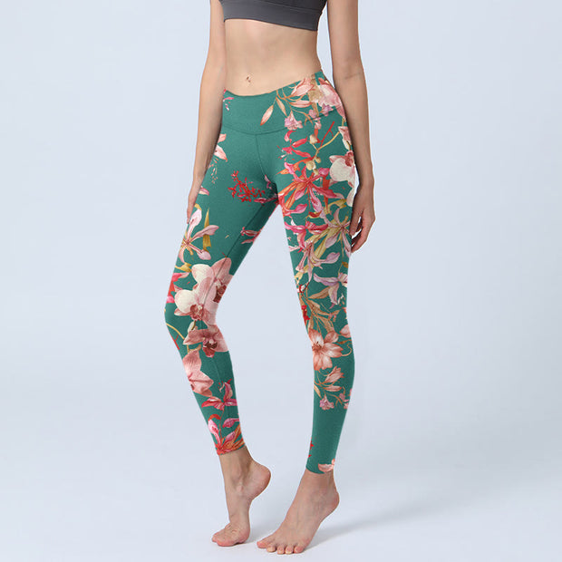 Buddha Stones Green Pink Flowers Print Gym Fitness Leggings Women's Yoga Pants