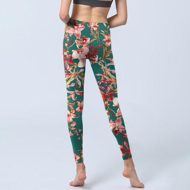 Buddha Stones Green Pink Flowers Print Gym Fitness Leggings Women's Yoga Pants