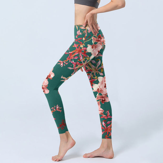 Buddha Stones Green Pink Flowers Print Gym Fitness Leggings Women's Yoga Pants