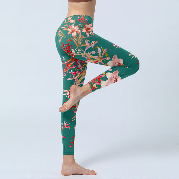 Buddha Stones Green Pink Flowers Print Gym Fitness Leggings Women's Yoga Pants