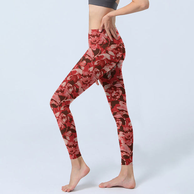 Buddha Stones Red Flowers Print Sports Fitness Leggings Women's Yoga Pants