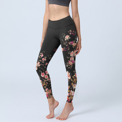 Buddha Stones Pink Roses Beige Flowers Print Gym Fitness Leggings Women's Yoga Pants