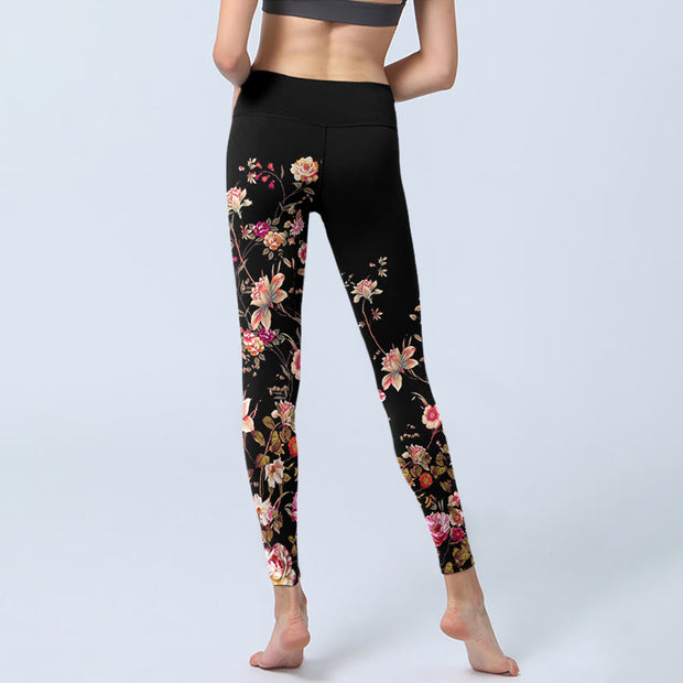 Buddha Stones Pink Roses Beige Flowers Print Gym Fitness Leggings Women's Yoga Pants