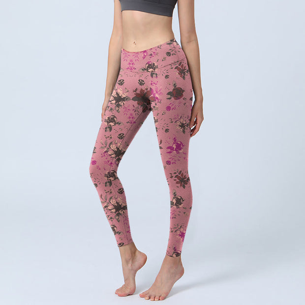 Buddha Stones Red Roses Pink Leaves Print Sports Fitness Leggings Women's Yoga Pants