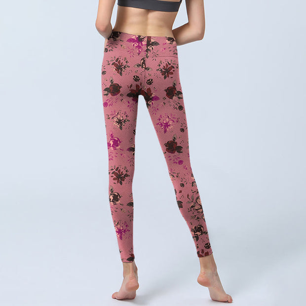 Buddha Stones Red Roses Pink Leaves Print Sports Fitness Leggings Women's Yoga Pants