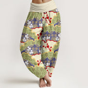 Buddha Stones Chinese Fan-shaped Diamond Pattern Design Women's Elastic Waist Harem Pants