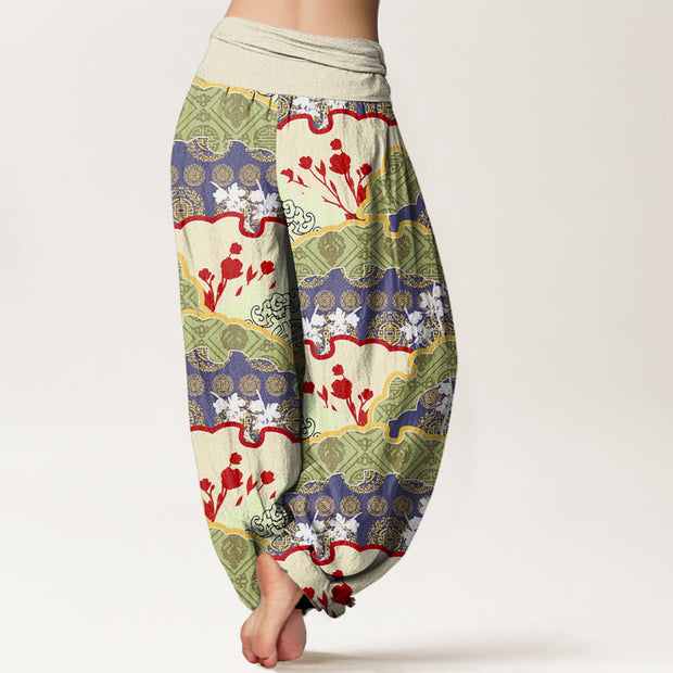 Buddha Stones Chinese Fan-shaped Diamond Pattern Design Women's Elastic Waist Harem Pants