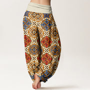 Buddha Stones Diamond Floral Design Women's Elastic Waist Harem Pants