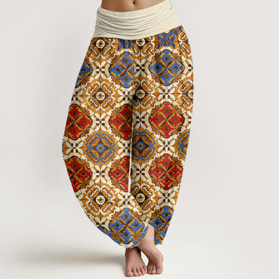 Buddha Stones Diamond Floral Design Women's Elastic Waist Harem Pants