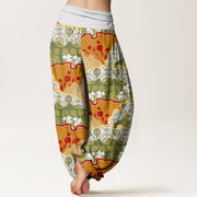 Buddha Stones Chinese Fan-shaped Diamond Pattern Design Women's Elastic Waist Harem Pants